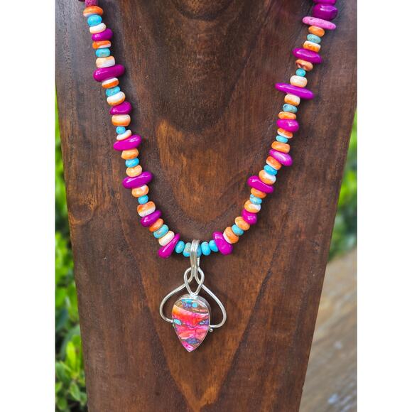 Artisan Turquoise Magnesite Spiny Oyster Necklace Sterling Silver 17β - Picture 10 of 13